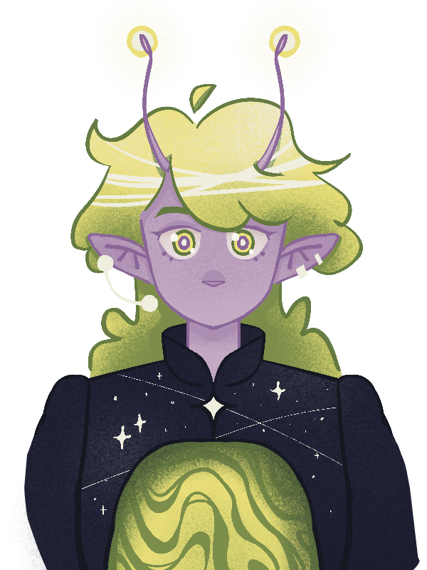 Graey's persona. A purple alien friend with glowing antenna. They have yellow and green-colored hair wearing a space-themed uniform.